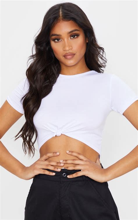 White Jersey Knot Front Crop T Shirt Tops Prettylittlething