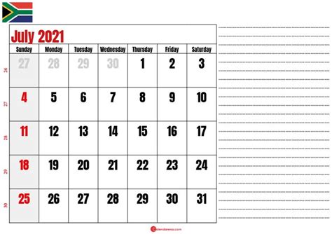 July 2021 Printable Calendar South Africa August Calendar July