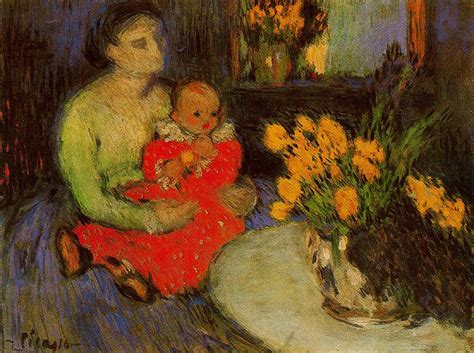 Mother And Child Behind The Bouquet Of Flowers 1901 Pablo Picasso