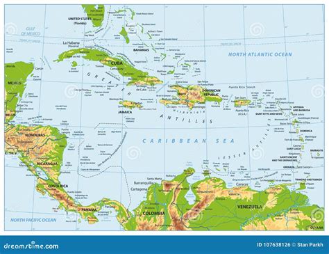 The Caribbean Physical Map No Text Cartoon Vector