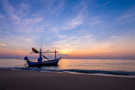 Sunrise On The Sea Beach With Fishing Boat Stock Image Image Of Ocean