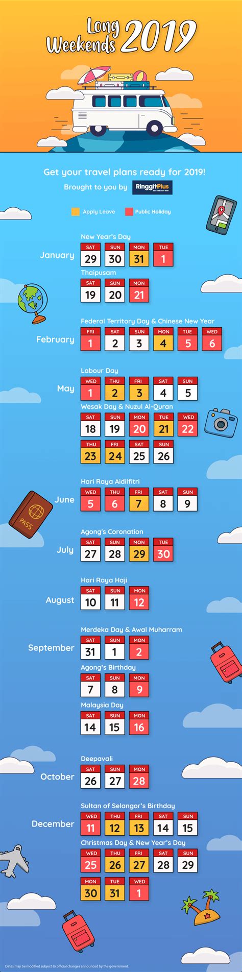 The allocation and dates of public holidays. Public Holidays And Long Weekends In Malaysia 2019