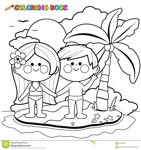 男孩和女孩在海岛上 黑白彩图页 向量例证 插画 包括有 夏天 海洋 鸟舍 女孩 海岛 海运 绘画 91233354