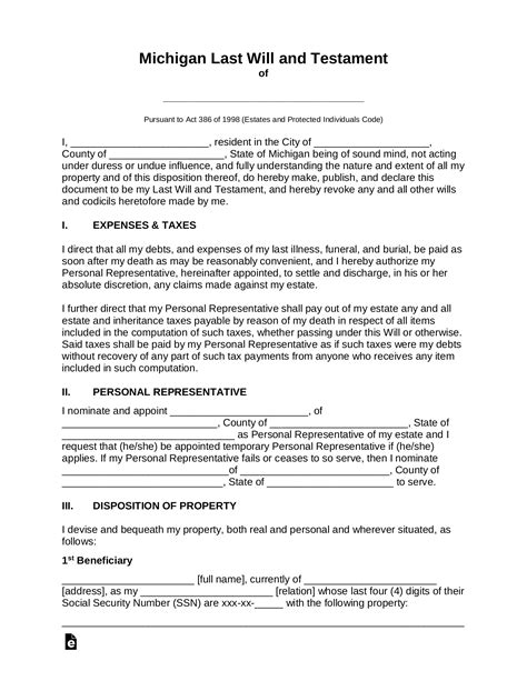 Free Michigan Last Will And Testament Template Pdf Word Eforms