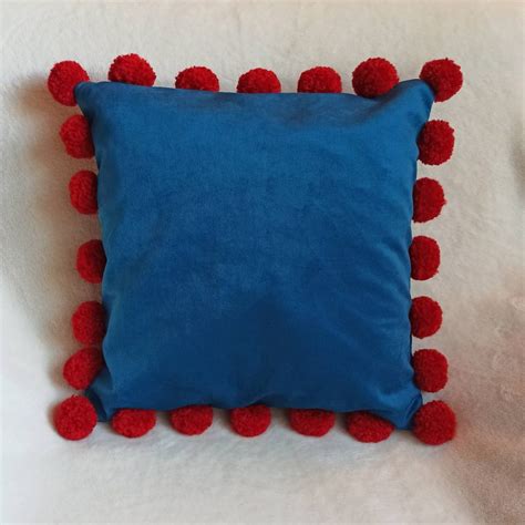 Blue Pillow Cover With Red Pom Poms Pom Pom Pillow Blue Etsy