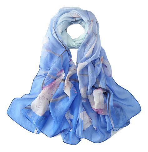 Long Silk Chiffon Scarf Blue Theme Floral Print Sch303 Yangtze Store