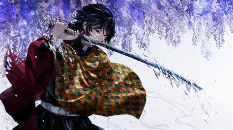 Demon Slayer Giyuu Tomioka With A Long Sharp Sword Under Purple Flowers 4k Hd Anime Wallpapers