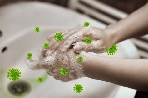 Washing Hands With Soap Protect Of Virus Bacteria Germs And Microbe