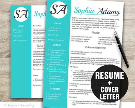 Teal Resume Template Cover Letter Template Instant Download Resume