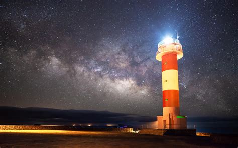 Wallpaper Lighthouse Starry Sky Milky Way Night Shore Hd