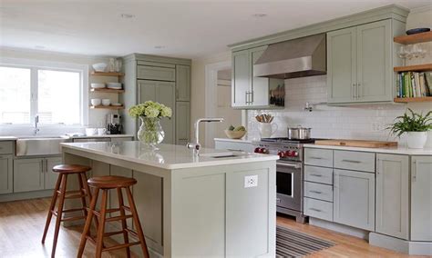 Sage Green Kitchen Cabinets With Stainless Steel Appliances Kitchen