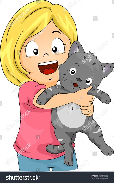 Illustration Little Girl Hugging Cat เวกเตอร์สต็อก ปลอดค่าลิขสิทธิ์