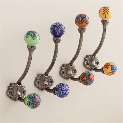 Small Ceramic Double Hooks Set Of 4 Decorative Coat Hooks Tapestry