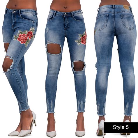 Women Ladies Sexy Stretch Faded Ripped Skinny Fit Denim Jeans Size 6 8 10 12 14 Ebay