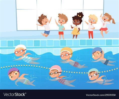 Swimming Competition Kids Water Sport Swimming Race In Pool Vector