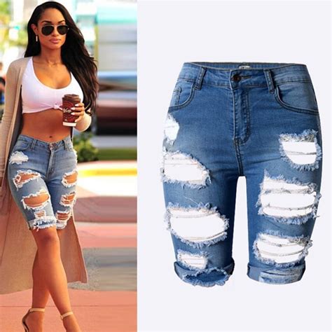2018 Women Streetwear Hole Washed Knee Length Jeans Female Fashion High Waist Tight Elastic Pure