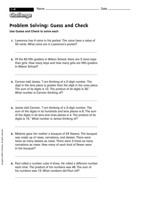 Problem Solving Guess And Check Math Worksheet With Answers