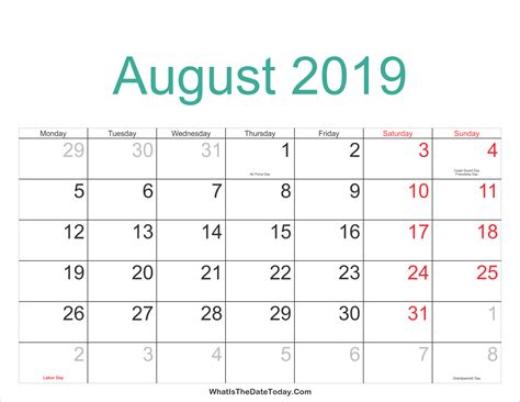 August 2019 Calendar Printable With Holidays Whatisthedatetodaycom
