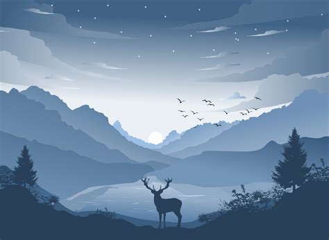 Mountain Landscape With Deer And River Illustration Flat Design By