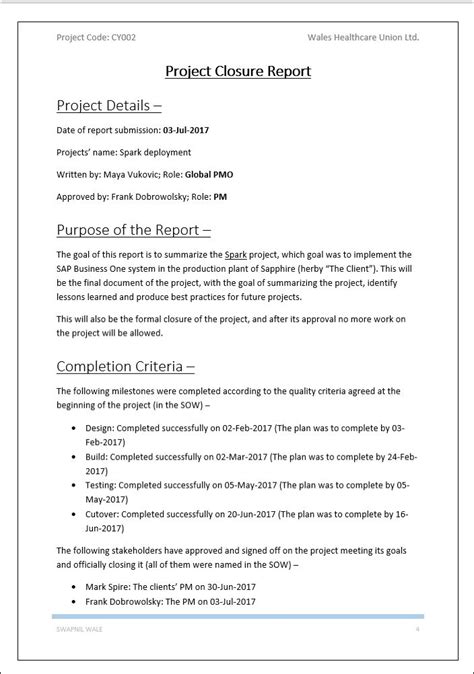Project Closure Report Word Template Word Template Lessons Learned
