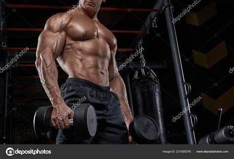 Muscular Man Working Out Gym Doing Exercises Strong Male Naked Stock Photo Bondarchik