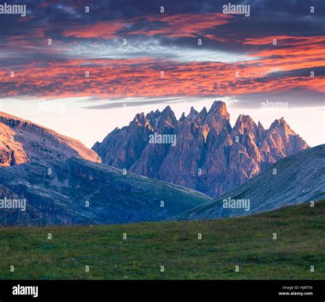Colorful Summer Sunrise In Italy Alps Tre Cime Di Lavaredo Dolomites