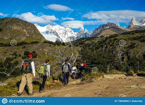 Adventure Tourists Hike At The Laguna Torre Trail In The Los Glaciares