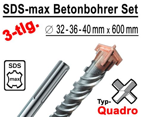 Der sds max bohrer hat einen 18 mm schaft. SDS-max Betonbohrer Set 3-tlg Quadro Bohrer Hammerbohrer ...