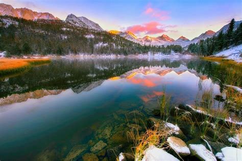 Nature Landscape Lake Mountain Forest Water Reflection Sunset Snowy