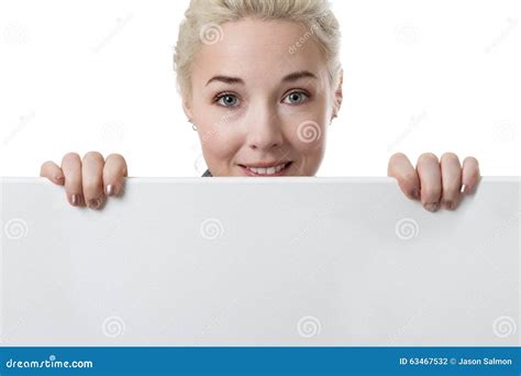 Blonde Woman Holding A White Blank Banner Stock Photo Image Of