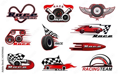 Car Motor Race And Motorsport Icons Vector Racing Symbols Badges With