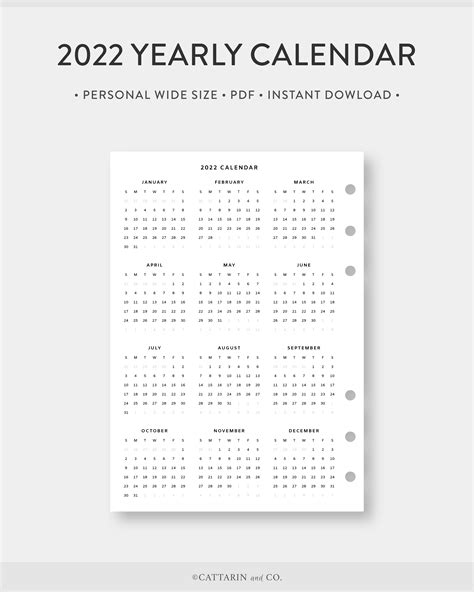 Personal Wide 2022 2023 Yearly Calendar Printable Year At Etsy