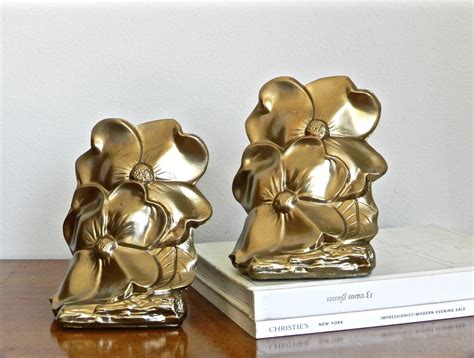 Vintage Brass Bookends Flower Bookends Gold Metallic Cottage