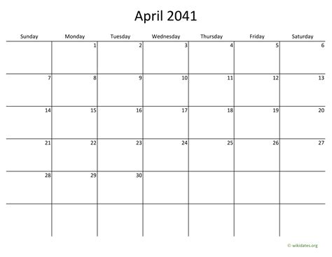 April 2041 Calendar With Bigger Boxes