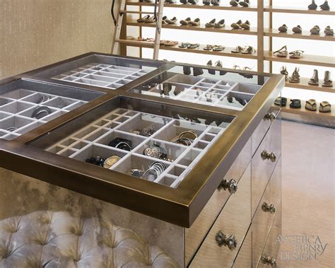 Angled or adjustable shelves or cubbies for shoe storage. Glass Top Closet Island with Jewelry Drawers ...