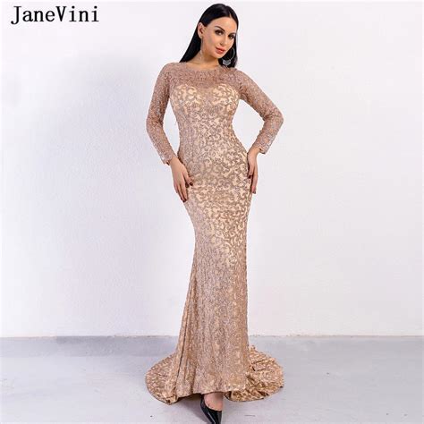 2020 Janevini Sparkle Dubai Rose Gold Long Sleeve Evening Dresses 2019