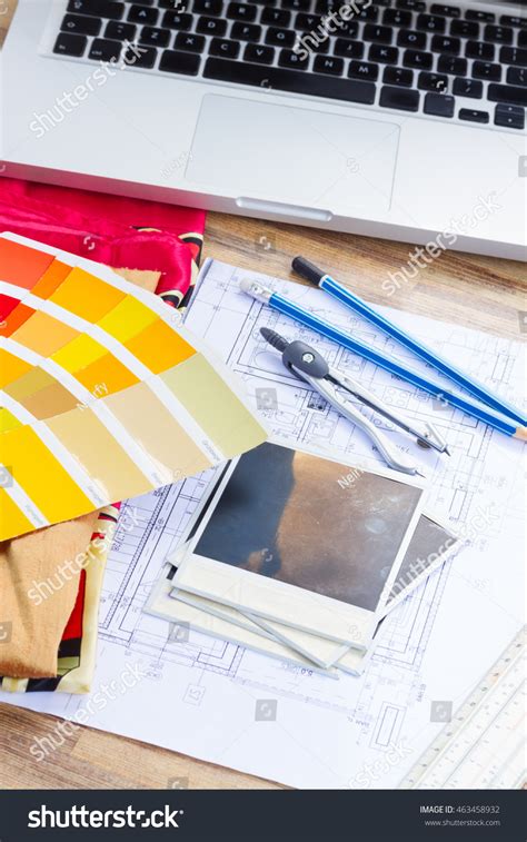 Interior Designers Working Table Architectural Plan Stock Photo