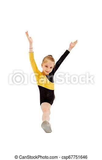 Little Girl Gymnast Sitting In The Splits Isolated On White Little