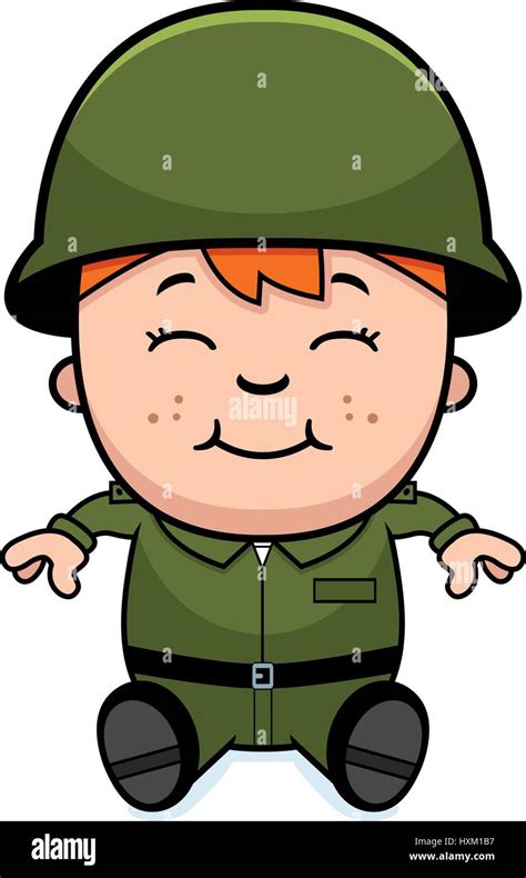 A Cartoon Illustration Of An Army Soldier Boy Sitting And Smiling Stock
