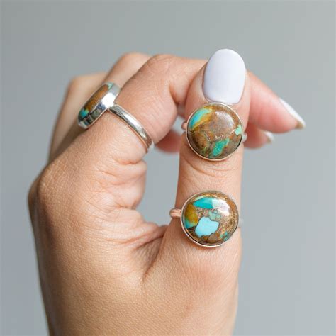 Blue Copper Turquoise Ring Round Stone Ring Etsy Turquoise Ring