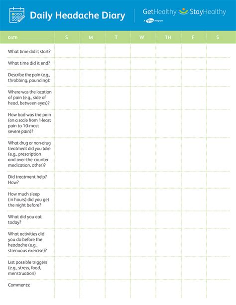 Free Printable Printable Migraine Diary Worksheets