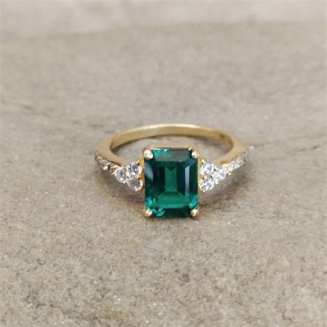Lab Created Emerald Ring Octagon Cut Lab Emerald Ring 925 Etsy