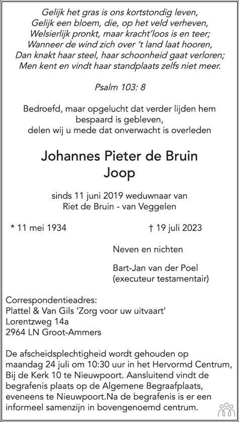 Joop Johannes Pieter De Bruin 19 07 2023 Overlijdensbericht En