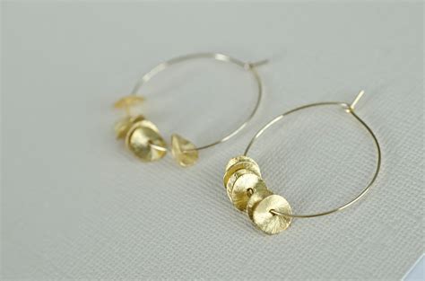 Gold Filled Hoops Earrings With K Vermeil Brushed Wavy Discs On Luulla