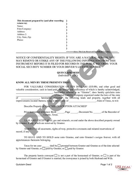 Texas Quitclaim Deed From Individual To Llc Texas Limited Company