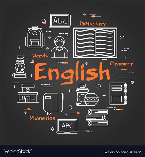 Round English Subject Concept On Black Chalkboard Vector Image