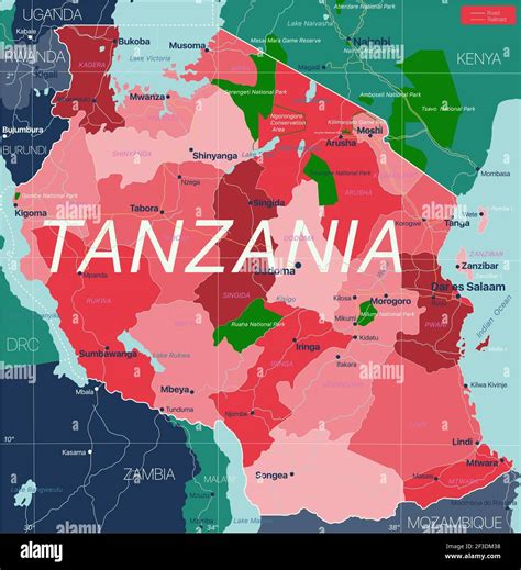 Tanzania Country Detailed Editable Map With Regions Cities And Towns
