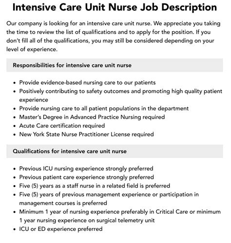 Intensive Care Unit Nurse Job Description Velvet Jobs