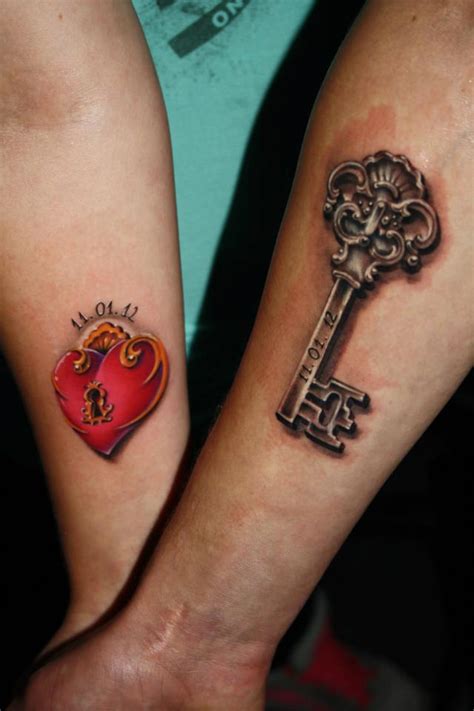 Lock and key tattoos are made very elegantly with the lock being a heart shape and then it is filled in with color. Awesome Key n Heart Lock Tattoo For Couples » Tattoo Ideas