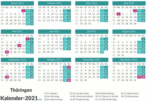 Die arbeitstage 2021 in thüringen werden aus 365 kalendertagen, abzüglich den 6 gesetzlichen feiertagen im bundesland thüringen die auf kein wochenende fallen, sowie den 52 samstagen und 52 sonntagen errechnet. FEIERTAGE Thüringen 2021